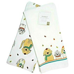 Envogue Fall Puppies Autumn Leaves Kitchen Towels White Tan Dogs Scarves 2-Pc